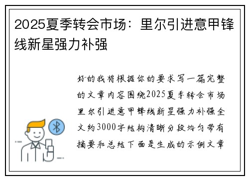 2025夏季转会市场：里尔引进意甲锋线新星强力补强