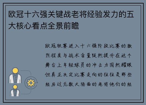 欧冠十六强关键战老将经验发力的五大核心看点全景前瞻
